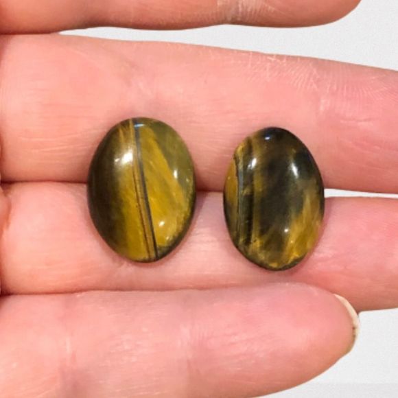 Tigers Eye Oval Cabochon Earrings With Sterling Silver Posts - Picture 12 of 12
